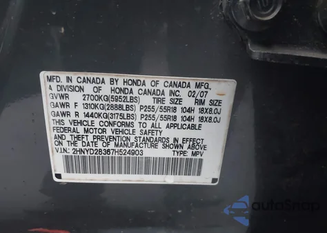 2007 Acura Mdx Technology Package z USA, uszkodzony, nr VIN 2HNYD28367H524903